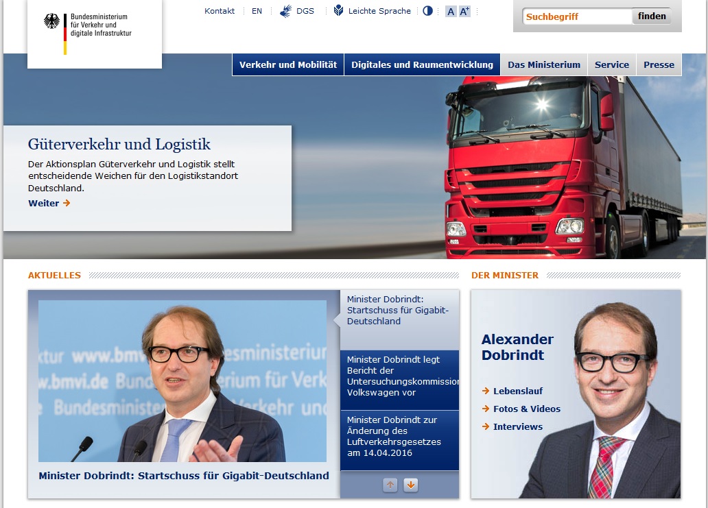 Homepage des Bundesministeriums für Verkehr