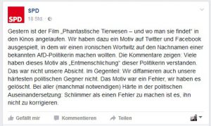 Die SPD zieht ein Posting zurück und begründet das bei Facebook (Screenshot).