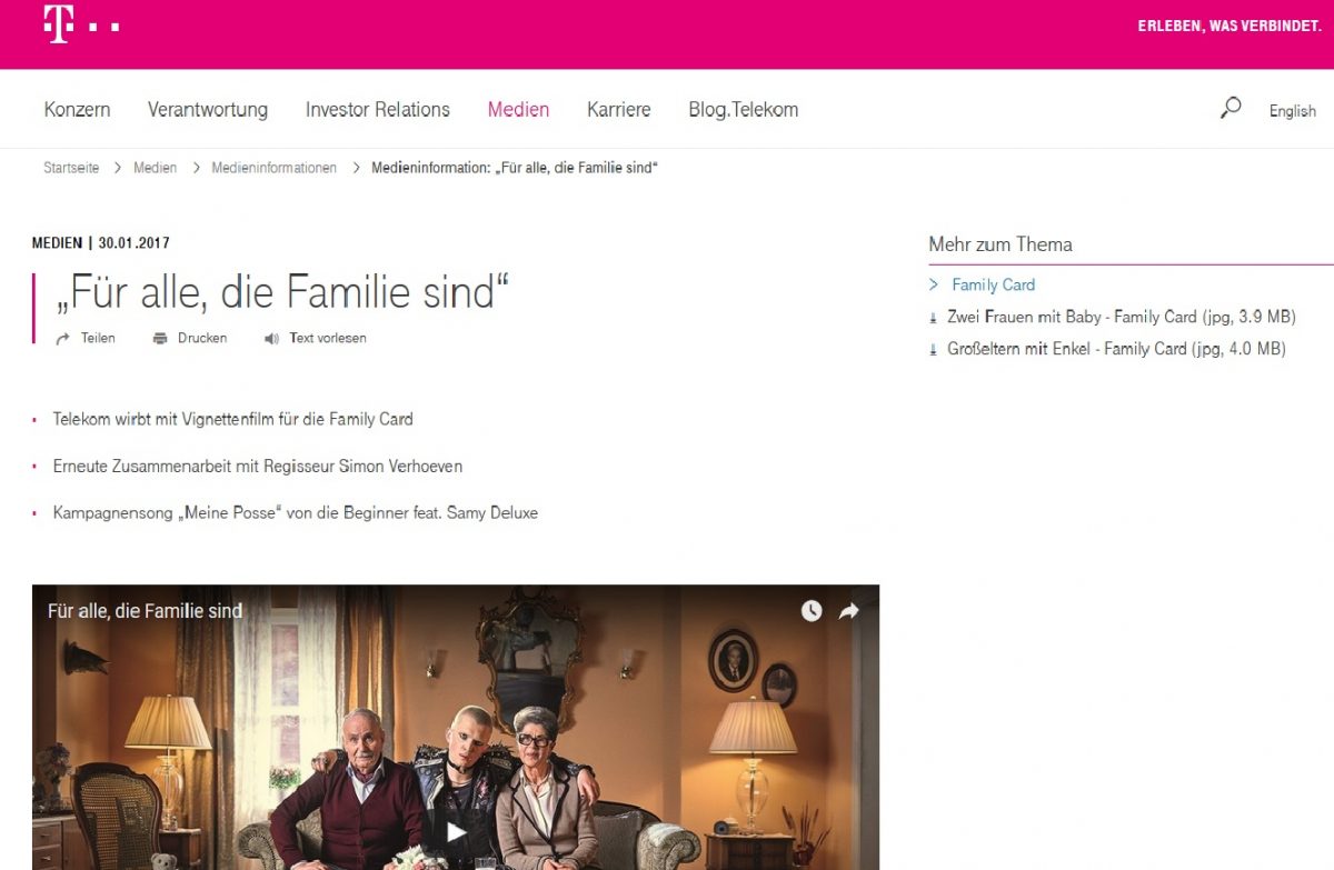 Telekom-Hompage zum Werbevideo (Screenshot)