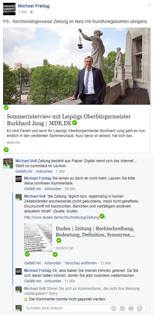 Leipziger Journalist Michael Freitag blockiert meinen Kommentar