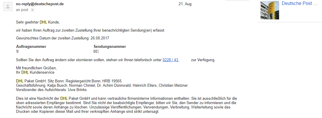 DHL bestätigt Zustellung für den 26.08.17