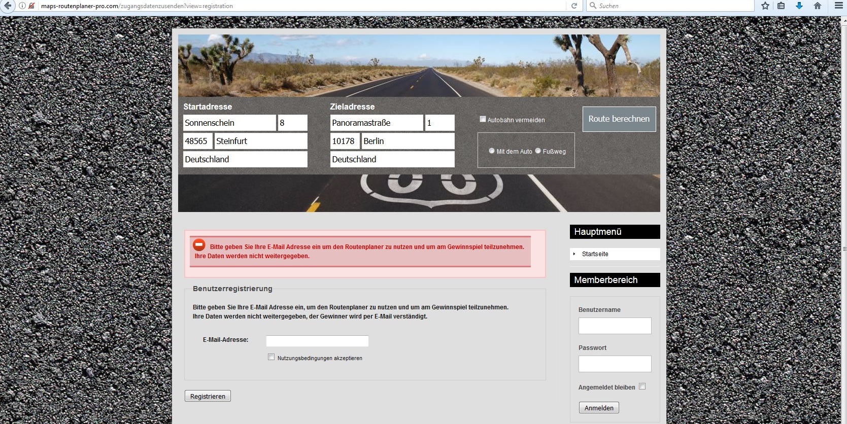 Screenshot der Seite "maps-routenplaner-pro.com"