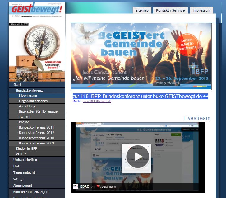 Auf der GEISTbewegt!-Homepage lässt sich die 118. Bundeskonferenz des BFP live anschauen (23.-26.09.13).