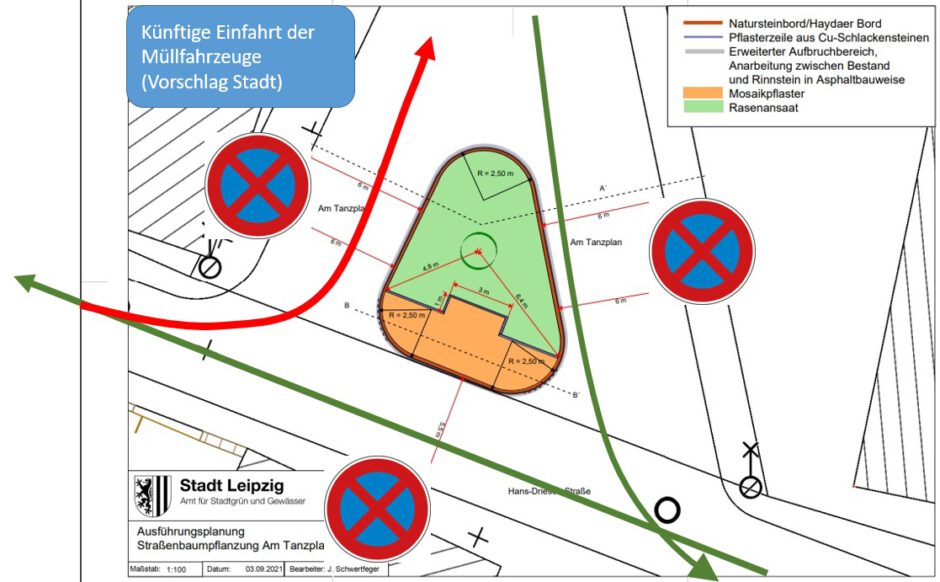 Der Vorschlag der Stadt Leipzig führt dazu, dass an allen drei Seiten der Insel ein Halteverbot eingerichtet werden muss