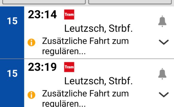 Screenshot der App easyGO mit den Fahrten zum Straßenbahnhof Leutzsch